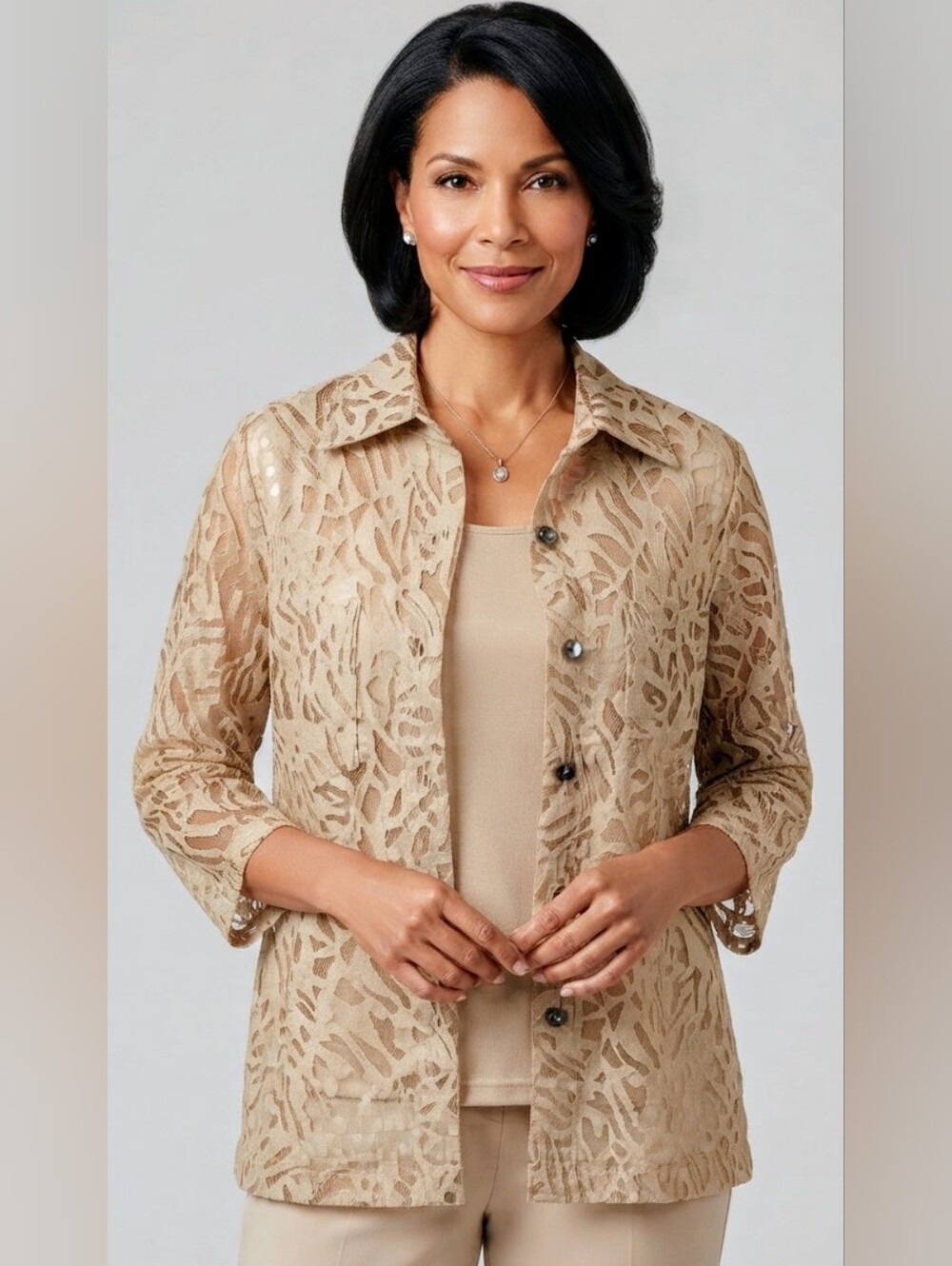 2 Pieces White Stag Sheer Leaf-Pattern Button Front Jacket in Beige Small S, NWT
